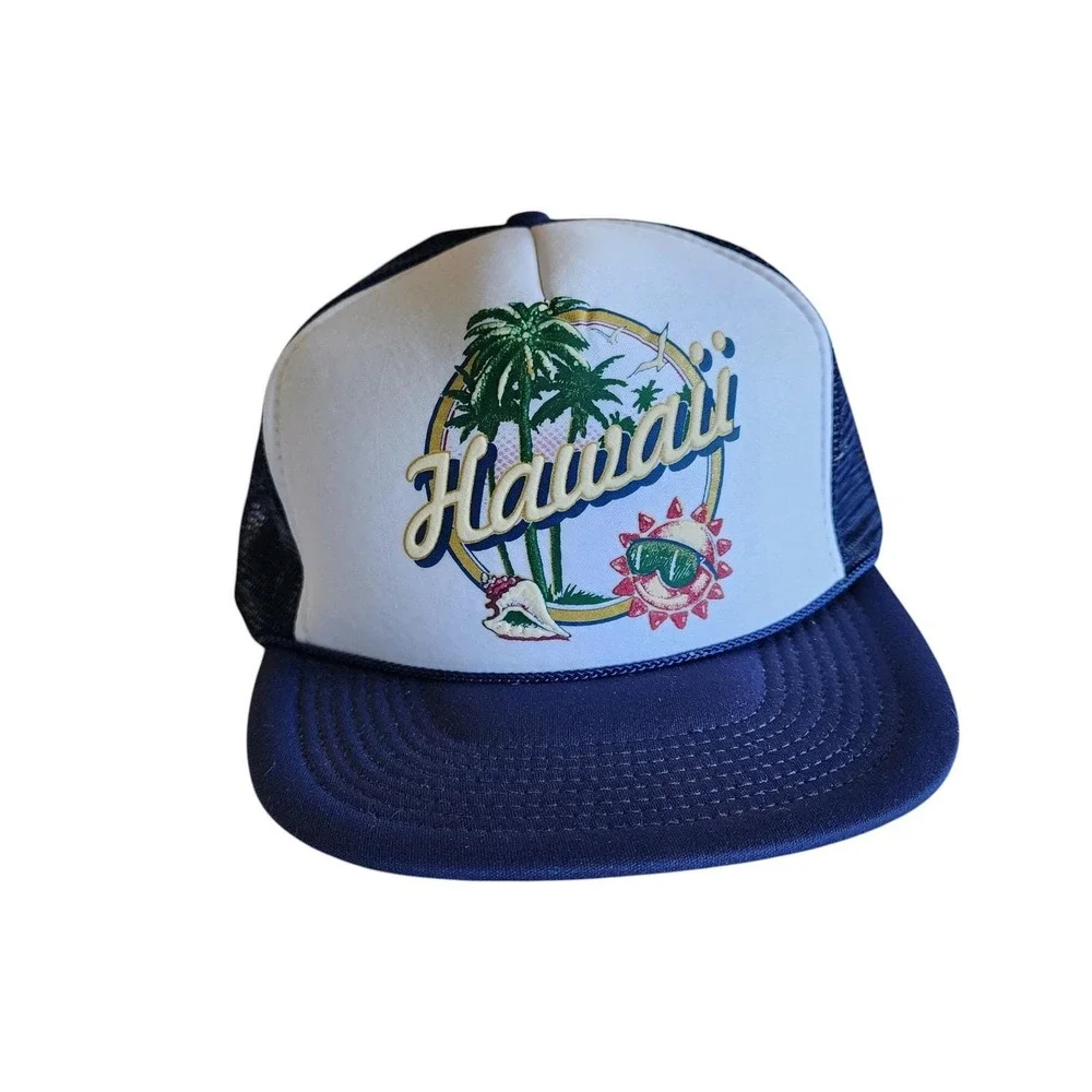 Vintage Hawaii Trucker Snapback Hat 80s 90s Palm Tree Nissin Cap Navy Blue White